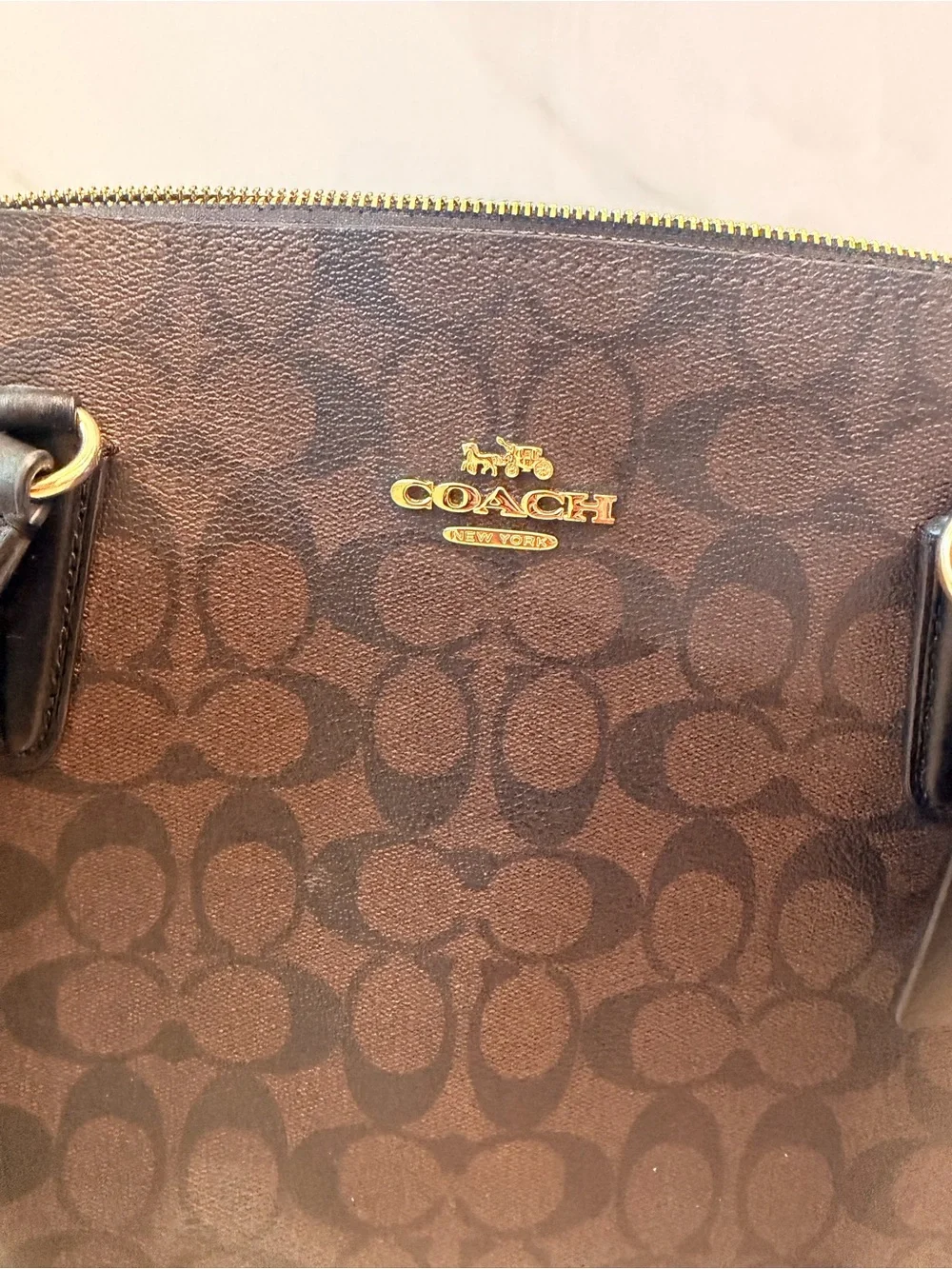 COACH Tatum  Brown Signature Crossbody Tote with Red Zip Accent